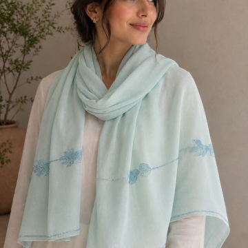 Light mint-aqua fabric base paired with contrasting sapphire blue stone